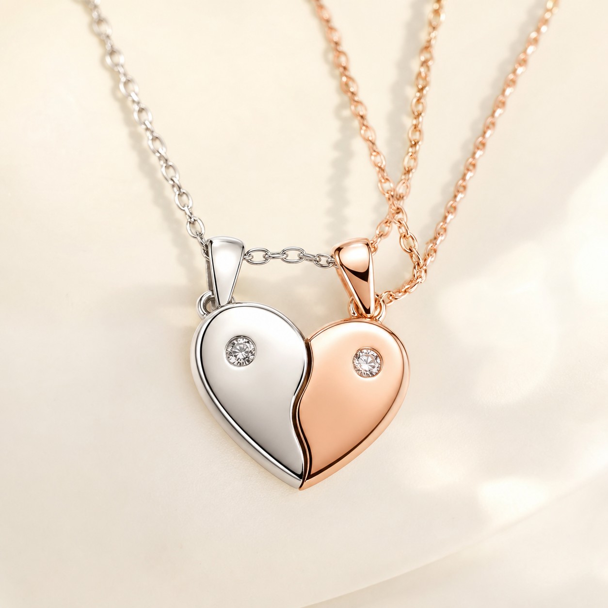 Dây chuyền cặp nửa trái tim vàng trắng và vàng hồng 14K