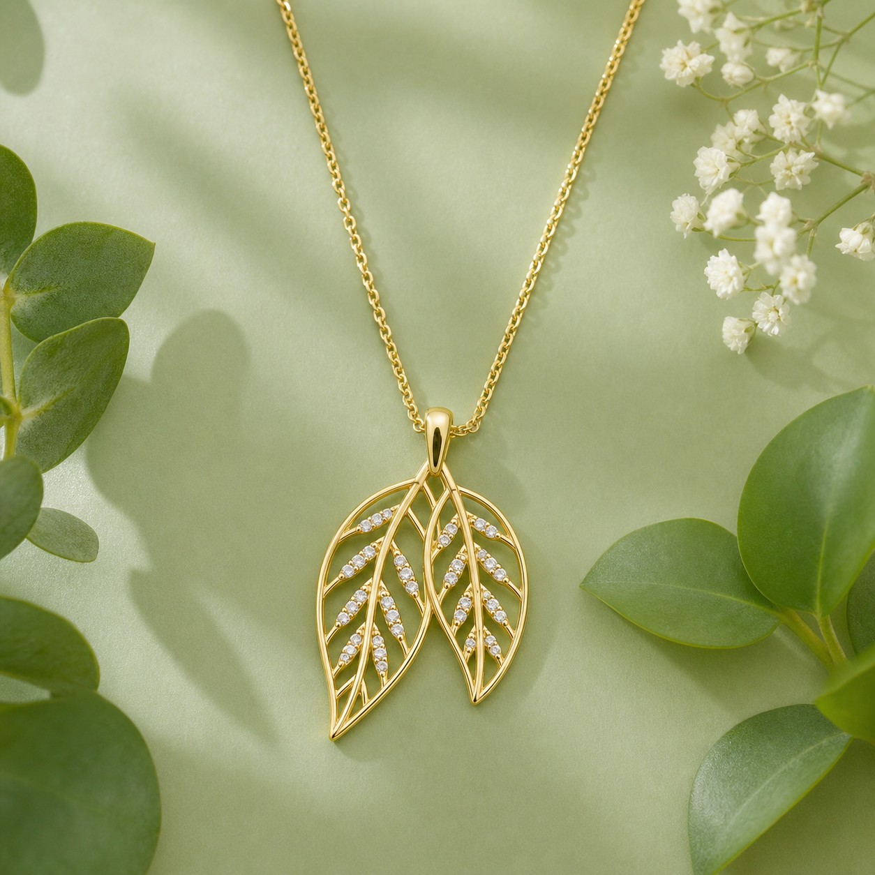 Dây chuyền lá đôi CZ vàng 14K