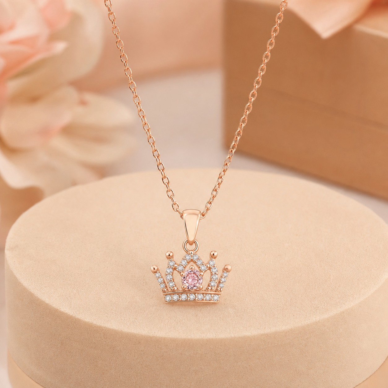 Dây chuyền vương miện CZ vàng hồng 14K