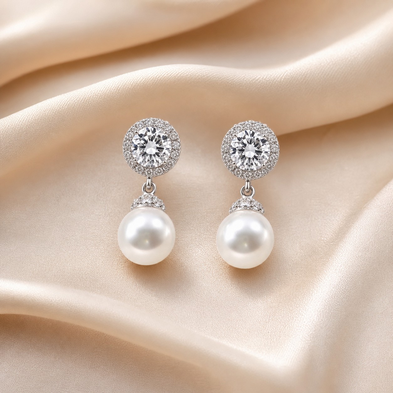 Bông tai thả Moissanite ngọc trai vàng trắng 14K
