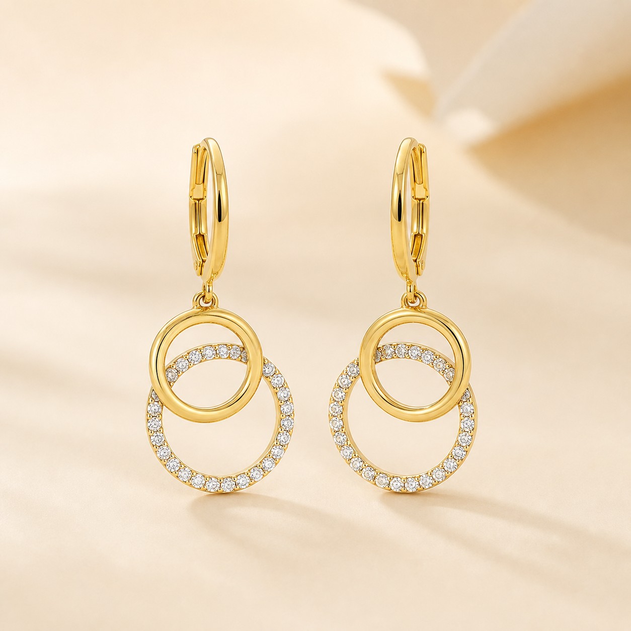 Bông tai thả hai vòng tròn CZ vàng 14K