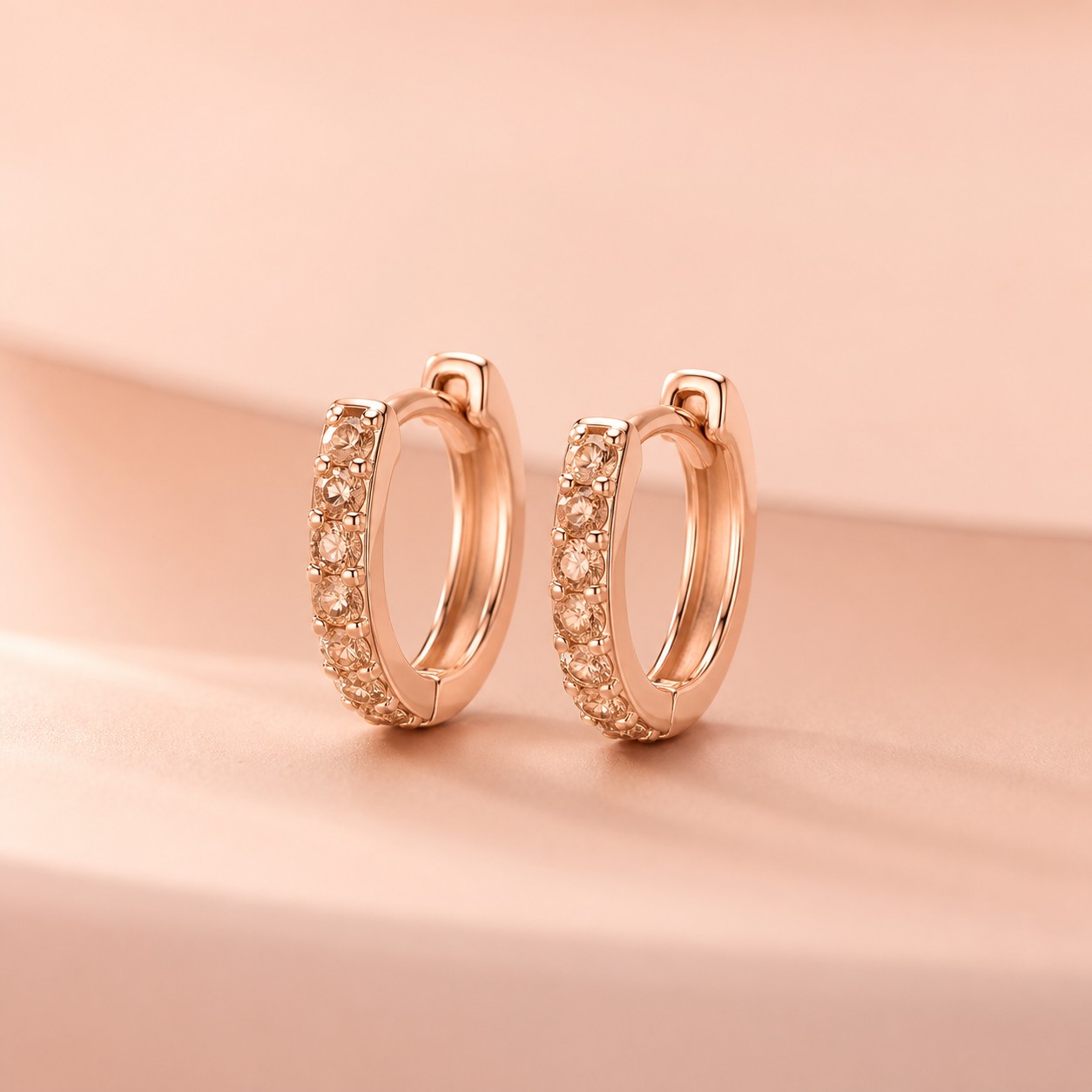 Bông tai khoen CZ champagne vàng hồng 14K