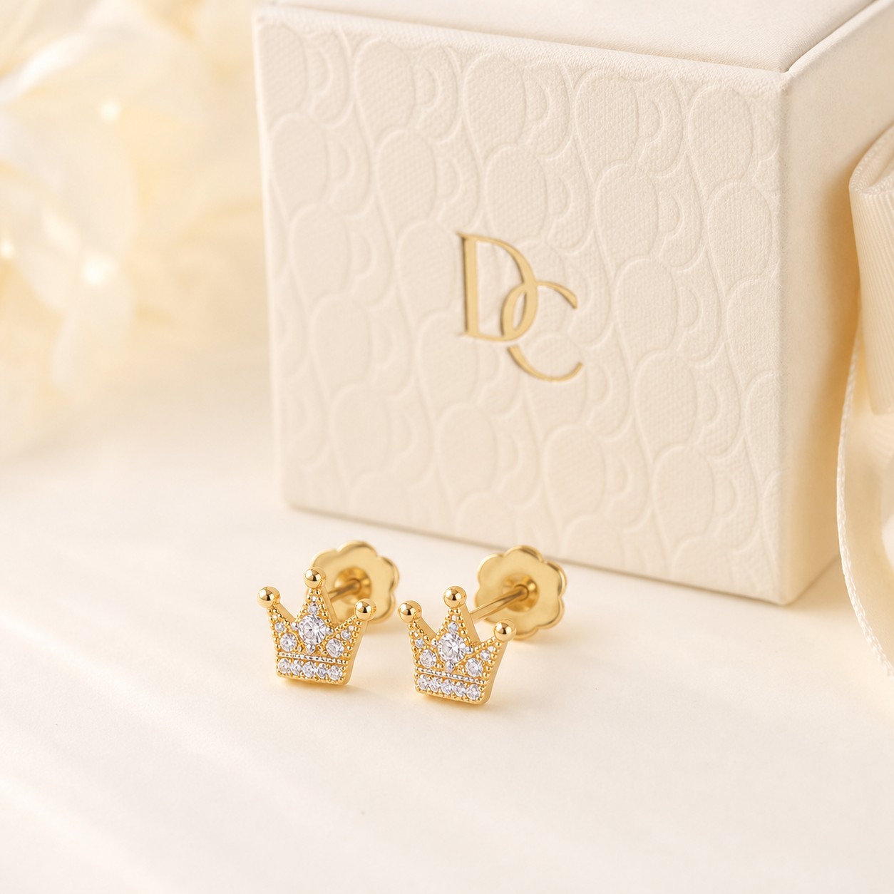 Bông tai vương miện CZ vàng 14K