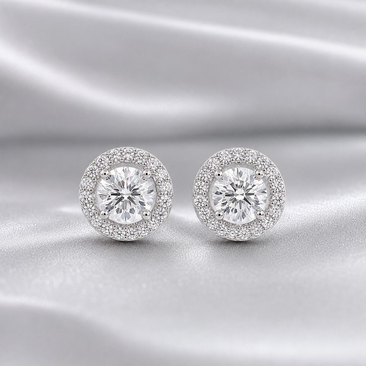 Bông tai halo kim cương lab-grown vàng trắng 18K