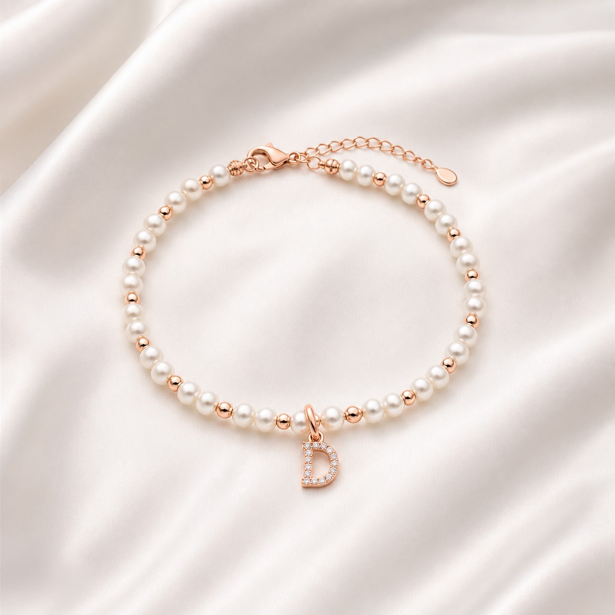 Lắc tay ngọc trai charm chữ D vàng hồng 14K