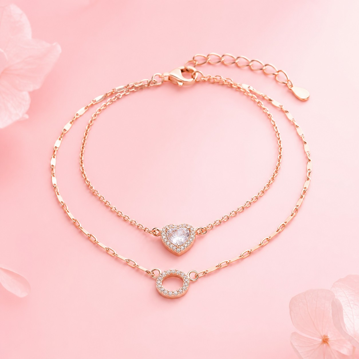 Lắc tay hai tầng charm trái tim CZ vàng hồng 14K