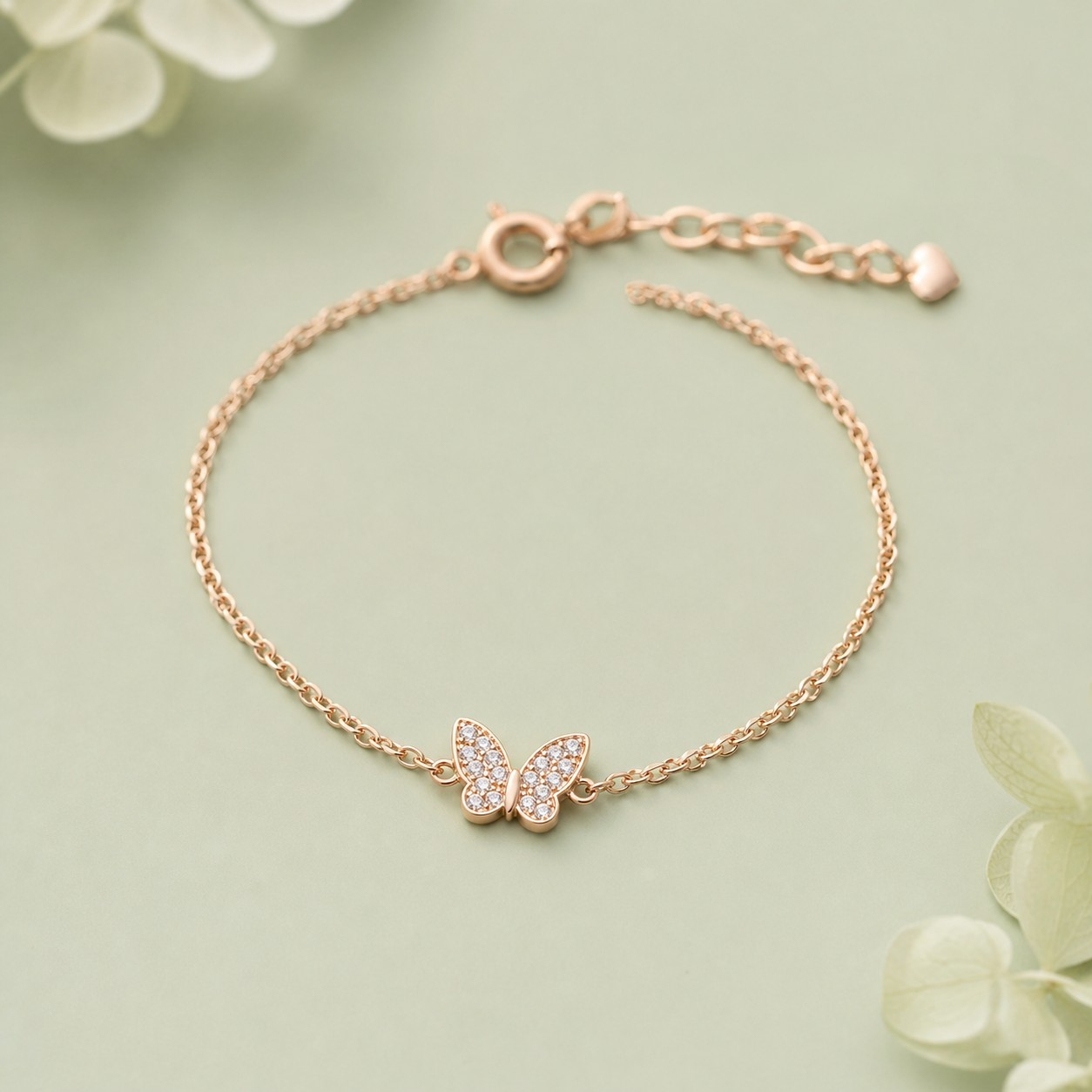 Lắc tay charm cánh bướm CZ vàng hồng 14K