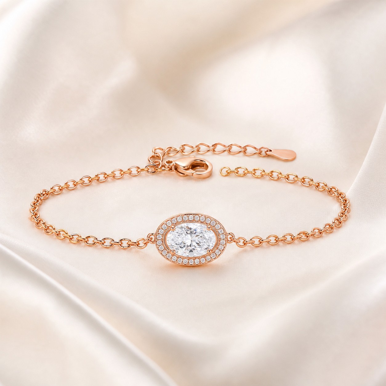 Lắc tay oval Moissanite vàng hồng 14K